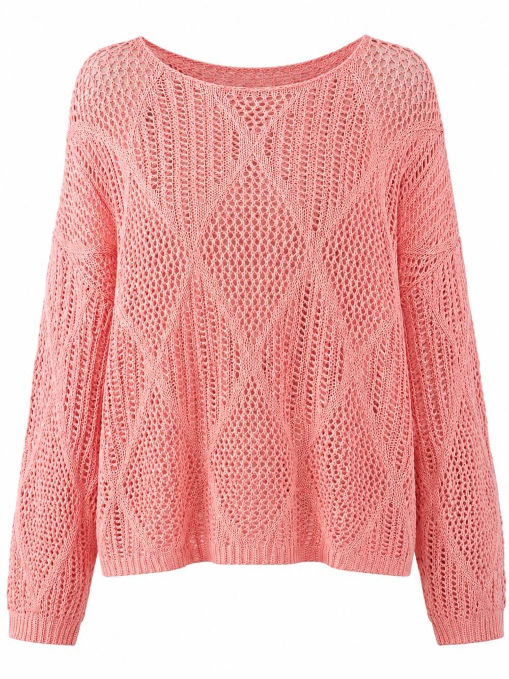 Open-Knit Crewneck Sweater in Coral Pink